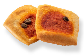 Pizzette (small pizzas) with tomato sauce and capers isolated
