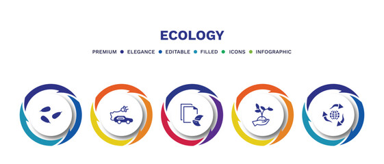 set of ecology filled icons. ecology filled icons with infographic template. flat icons such as seeds, eco energy car, eco paper, plant on a hand, recycling vector.