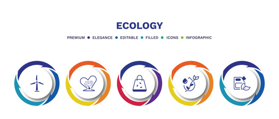 set of ecology filled icons. ecology filled icons with infographic template. flat icons such as wind mills, tree with hearts, eco bag, oil drops, bio fuel vector.