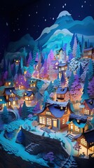 Multi dimmensional colorful origami city paper cut craft. beautiful image of a villageeds34