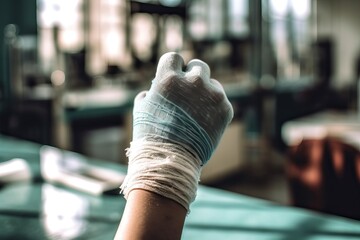 Hand surgery, bandaged hand in a hospital, generative ai