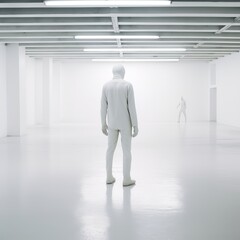 Obraz premium Man covered in white protective gear in an aseptic clinical environment, generative ai