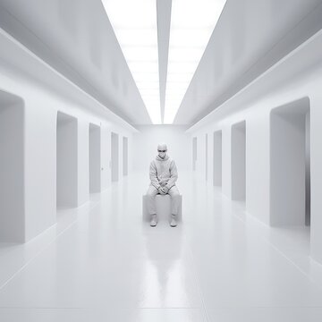 Man covered in white protective gear in an aseptic clinical environment, generative ai