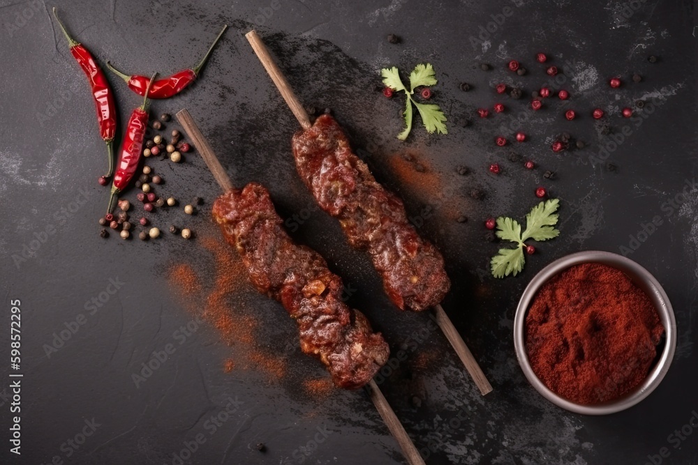 Poster skewered meat with a side of aromatic spices. generative ai generative ai