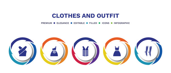 set of clothes and outfit filled icons. clothes and outfit filled icons with infographic template. flat icons such as chiffon suffle blouse, one shoulder dress, padded vest, drees, women socks