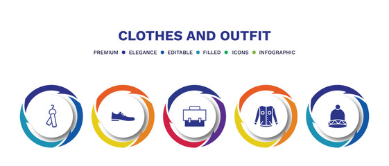 set of clothes and outfit filled icons. clothes and outfit filled icons with infographic template. flat icons such as scarf on hanger, leather shoes, messenger bag, denim jacket, knit hat with pom