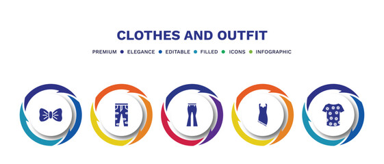 set of clothes and outfit filled icons. clothes and outfit filled icons with infographic template. flat icons such as bow tie, boyfriend low jean, flare pants, jersey wrap dress, t shirt with de