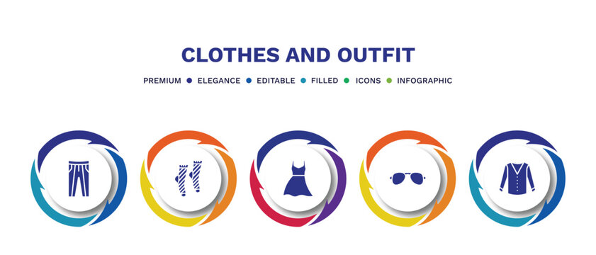 set of clothes and outfit filled icons. clothes and outfit filled icons with infographic template. flat icons such as oxford wave suit pants, men socks, long bandeau dress, pilot sunglasses, cotton