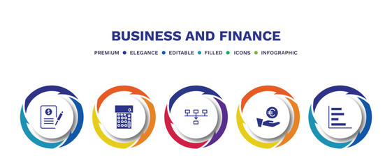 set of business and finance filled icons. business and finance filled icons with infographic template. flat icons such as bailment, calculator maths tool, item connections, euro coin on hands,