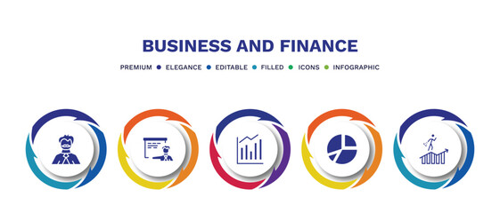 set of business and finance filled icons. business and finance filled icons with infographic template. flat icons such as man with moustach, man presentation, measure success, portion pie chart,