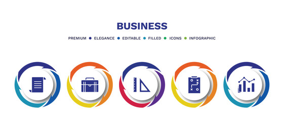 Fototapeta premium set of business filled icons. business filled icons with infographic template. flat icons such as paper graphic, business briefcase, maths tool, tactic, bar diagram vector.