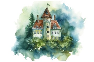 quaint house situated atop a rolling hill in a watercolor style. Generative AI Generative AI