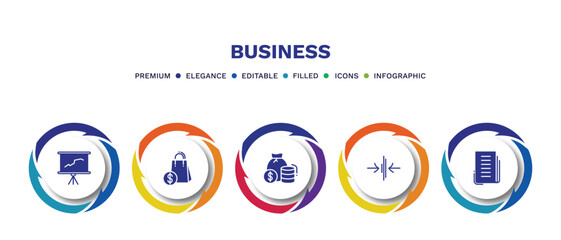 set of business filled icons. business filled icons with infographic template. flat icons such as graphic panel, shopping bags, finance, thin, newspaper page vector.