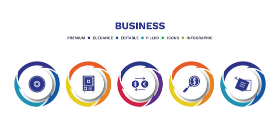 set of business filled icons. business filled icons with infographic template. flat icons such as full circle, big safe, currency exchange, money finder, post it vector.