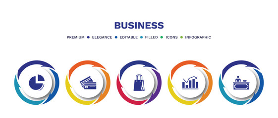 set of business filled icons. business filled icons with infographic template. flat icons such as pie graphic, bank card, supermarket bag, statistical chart, director desk vector.