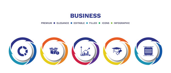 set of business filled icons. business filled icons with infographic template. flat icons such as pie chart statistics, empty box, graphs, graduation ceremony, basic burger vector.