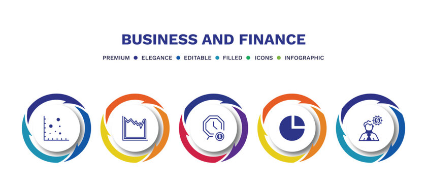 set of business and finance filled icons. business and finance filled icons with infographic template. flat icons such as scatter chart, spike chart, dollar on business time, infographic elements,