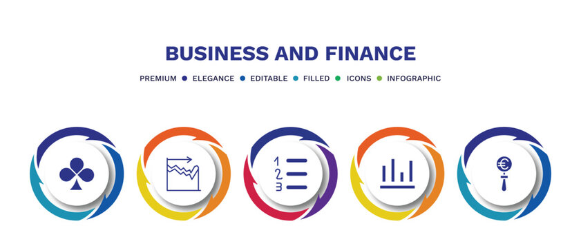 set of business and finance filled icons. business and finance filled icons with infographic template. flat icons such as club card, dual chart, numbered information, column chart, euro under