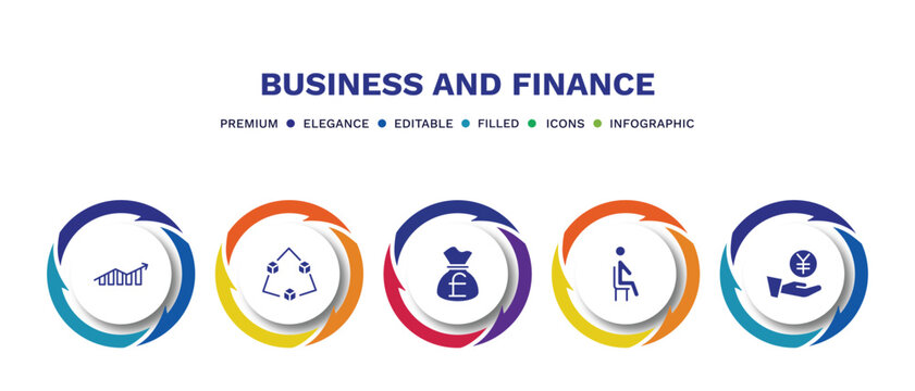 set of business and finance filled icons. business and finance filled icons with infographic template. flat icons such as increase rate, connection box chart, pounds money bag, sitting, yen coin on