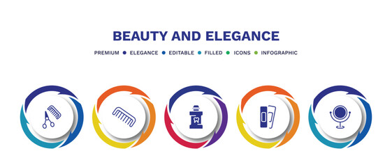 set of beauty and elegance filled icons. beauty and elegance filled icons with infographic template. flat icons such as barber shop, comb, mouthwash, patches, makeup mirror vector.