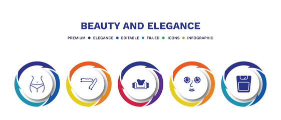 set of beauty and elegance filled icons. beauty and elegance filled icons with infographic template. flat icons such as women waist, bobby pins, wet wipes, cucumber slices on face, big scale vector.