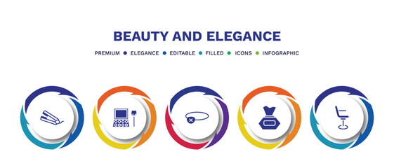 set of beauty and elegance filled icons. beauty and elegance filled icons with infographic template. flat icons such as hair straightener, eye shadow, eye patch, wipes, beauty salon chair vector.