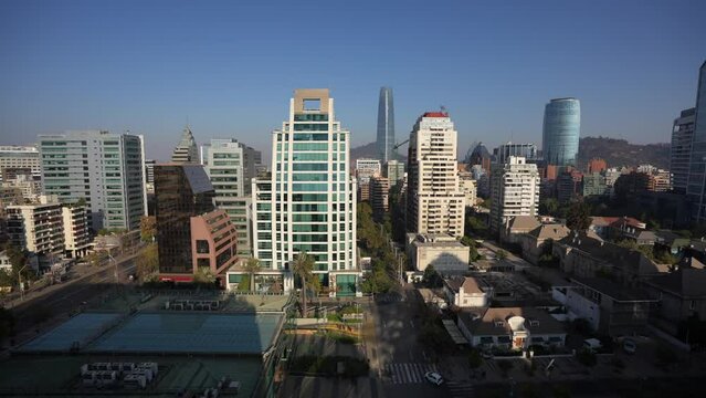 Santiago de Chile from above. 4K video from the middle of the city during a beautiful autumn morning. Travel to Chile. Pan camera movement video.