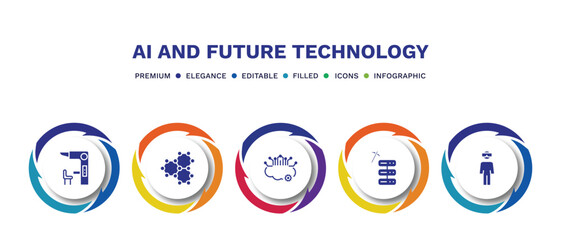 set of ai and future technology filled icons. ai and future technology filled icons with infographic template. flat icons such as sensorama, graphene, cloud intelligence, data mining, oculus rift
