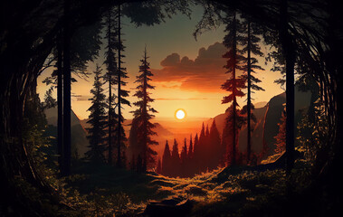 Fototapeta na wymiar Embers of Twilight: A Beautiful Sunset on the Forest Landscape, as the Sun Sets and Casts a Warm Embrace OF Red and Orange, Illuminating the Trees in a Passionate Display of Nature Colors