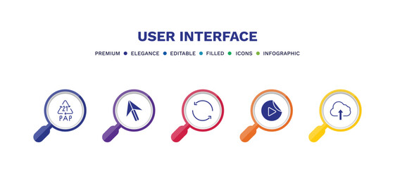 set of user interface filled icons. user interface filled icons with infographic template. flat icons such as 21 pap, mouse arrow, circular arrow, video play, cloud upload vector.