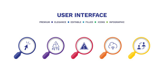 set of user interface filled icons. user interface filled icons with infographic template. flat icons such as mouse clicker, 1 pete, curvy road warning, cloud with connection, exchange personel
