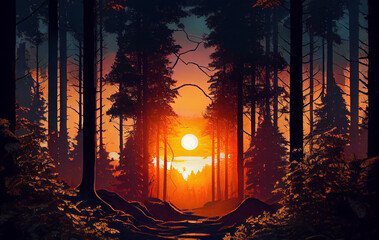 Embers of Twilight: A Beautiful Sunset on the Forest Landscape, as the Sun Sets and Casts a Warm  Embrace OF Red and Orange, Illuminating the Trees in a Passionate Display of Nature Colors