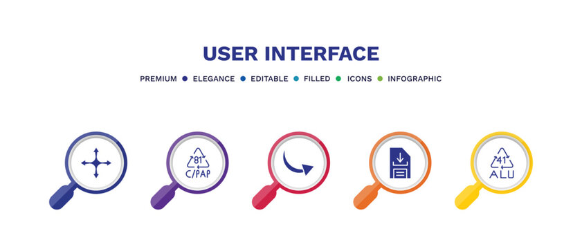 set of user interface filled icons. user interface filled icons with infographic template. flat icons such as four expand arrows, c/pap 81, curve arrows, download data, 41 alu vector.
