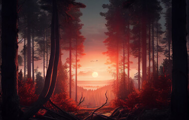Embers of Twilight: A Beautiful Sunset on the Forest Landscape, as the Sun Sets and Casts a Warm  Embrace OF Red and Orange, Illuminating the Trees in a Passionate Display of Nature Colors