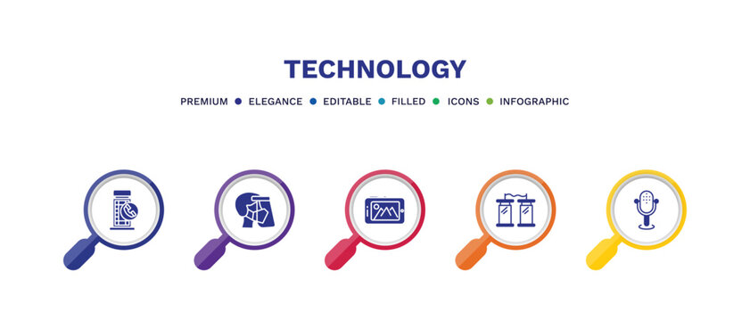 set of technology filled icons. technology filled icons with infographic template. flat icons such as phone box, face shield, tablet with picture, teletransportation, big microphone vector.