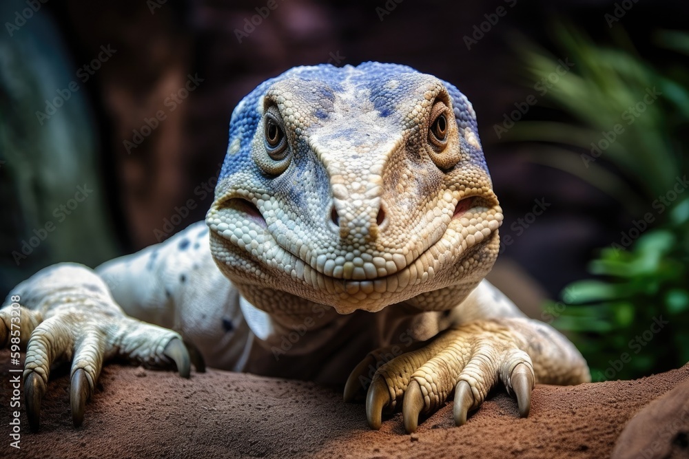 Poster close-up view of a colorful lizard basking on a sunlit rock. generative ai generative ai