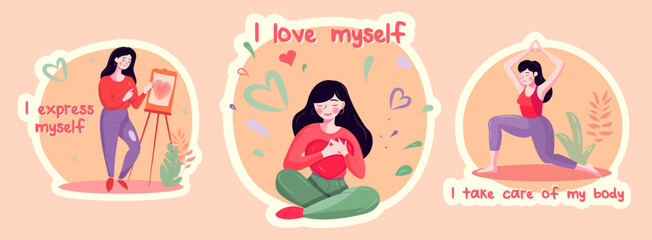 Set of stickers (patches) about Self love and love your body concept. I express myself, love myself and take care of my body