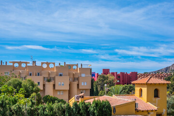 Panoramic view to Calpe with mountains and modern architecture building. Calp, Alicante province, Valencian Community, Spain - obrazy, fototapety, plakaty