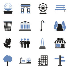 Town Square Icons. Two Tone Flat Design. Vector Illustration.