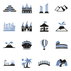 Tourist Attractions Icons. Two Tone Flat Design. Vector Illustration.