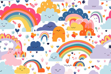 Cute bright rainbows clouds childish doodle style seamless vector illustration 
