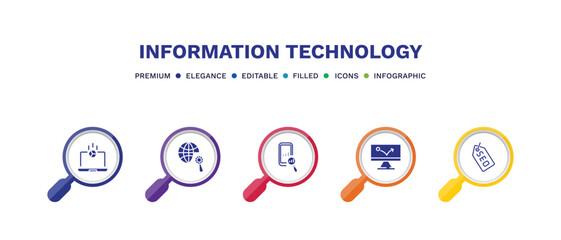 set of information technology filled icons. information technology filled icons with infographic template. flat icons such as simulation, optimization, seo ranking, advertising bounce, seo tags