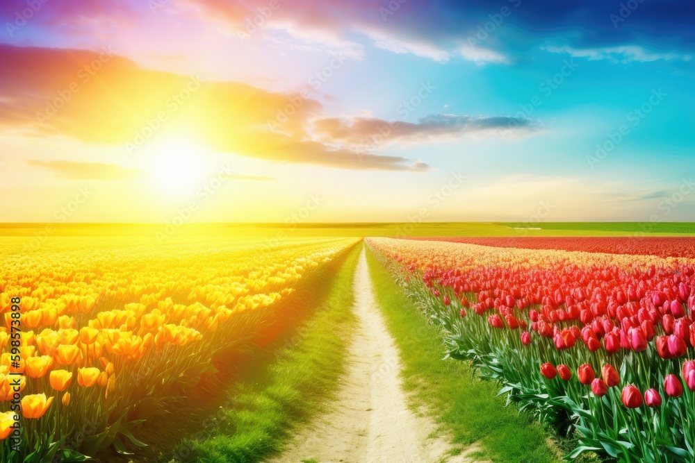 Aufkleber colorful flower field with a golden sun setting in the background. generative ai generative ai