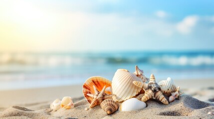 Obraz na płótnie Canvas Seashells on the seashore with a blurred beach background. Generative ai composite.