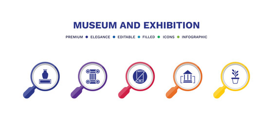 set of museum and exhibition filled icons. museum and exhibition filled icons with infographic template. flat icons such as ceramic, antique column, no phone, buffalo, botanical vector.