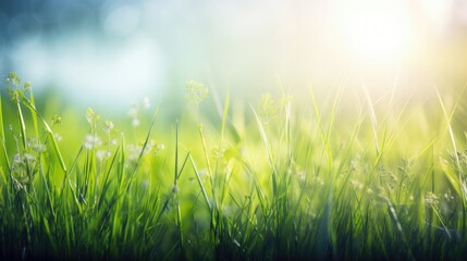 Fototapeta na wymiar Fresh green grass bathing in the sun rays. Generative ai composite.