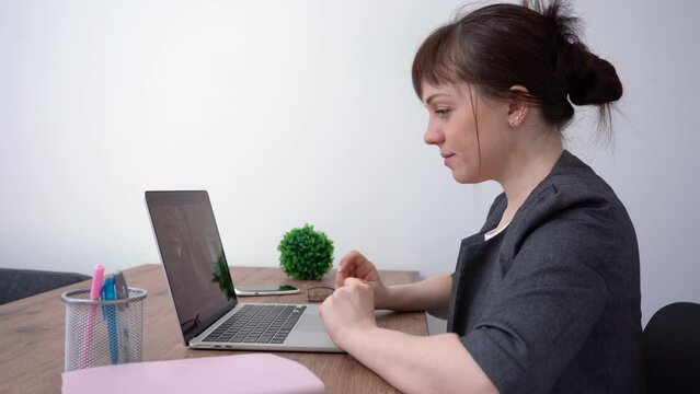 Young teacher tutor makes video call with student. Distance online education. Generative AI