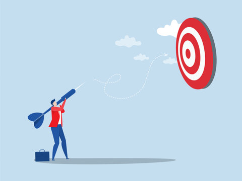 achieve target concept ,businessman  holding dart to target bullseye to win in business strategy goal achievement winning to success vector illustrator.