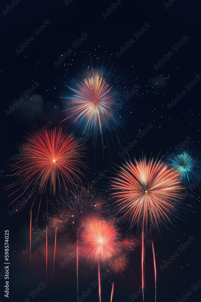Poster a bunch of fireworks that are in the sky. ai generative image.