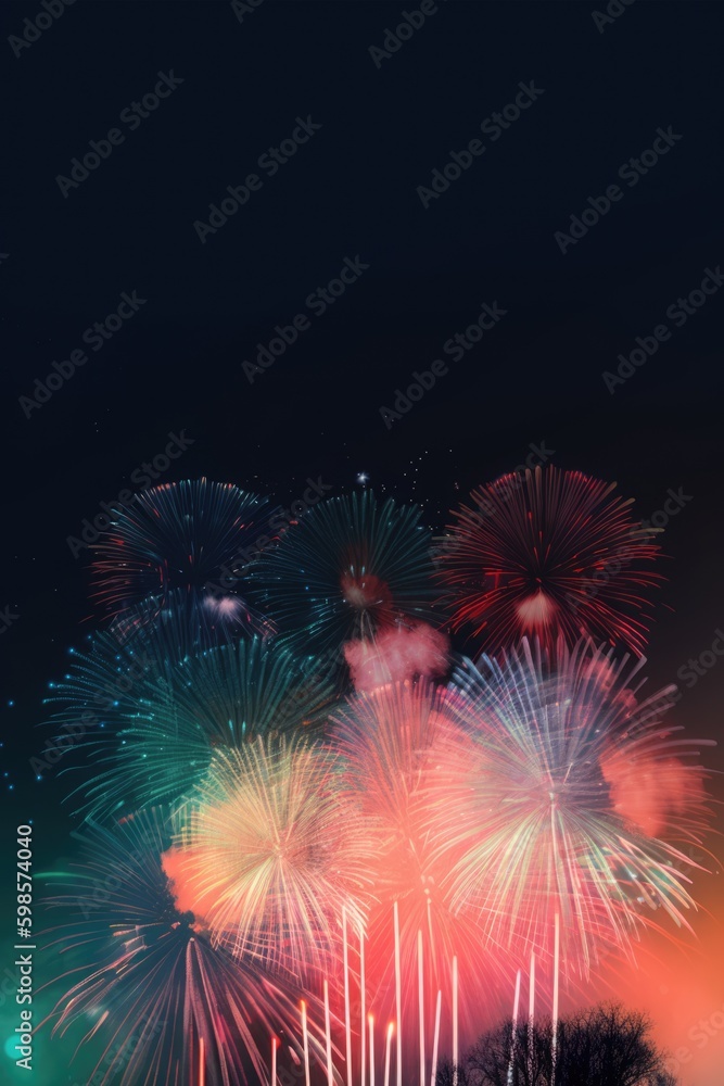 Poster a bunch of fireworks that are in the sky. ai generative image.